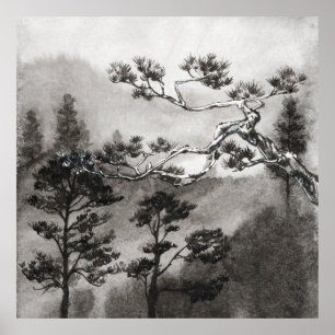 Japanische Sumi-e neblige Kieferntusche handgemalt Poster