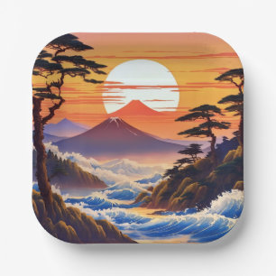 Japanische Sunrise Sunset Landschaft Pappteller