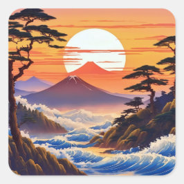 Japanische Sunrise Sunset Landschaft Quadratischer Aufkleber