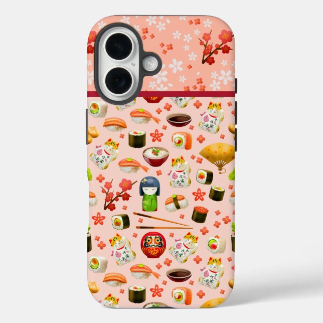 Japanische Sushi-Fischspeise-Muster in Rosa iPhone 16 Hülle (Rückseite)