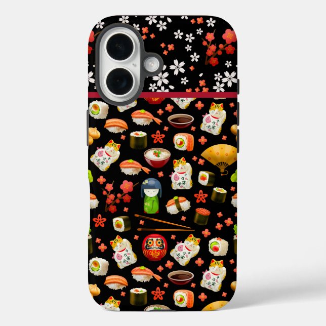 Japanische Sushi-Fischspeise-Muster in schwarz iPhone 16 Hülle (Rückseite)