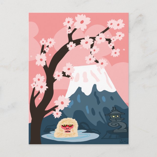 Japanische Szene mit Schneemöneln und Fuji Postkarte (Vorderseite)