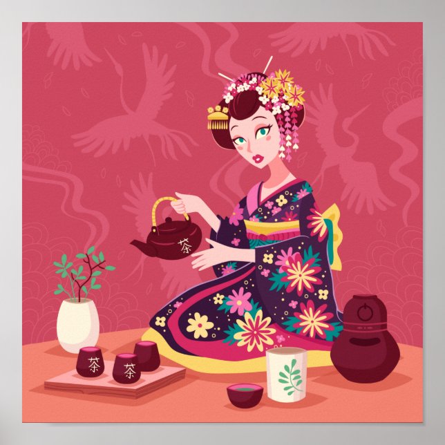 Japanische Teezeremonie, Krane Poster (Vorne)
