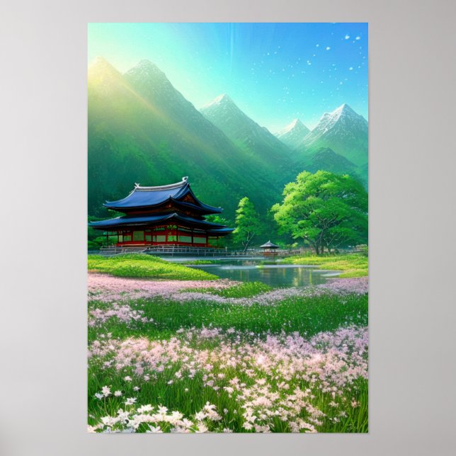 Japanische Tempel- und rosa Blume Poster (Vorne)