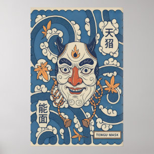 Japanische Tengu-Masken-Kunst, Hörnergesicht, Ahor Poster