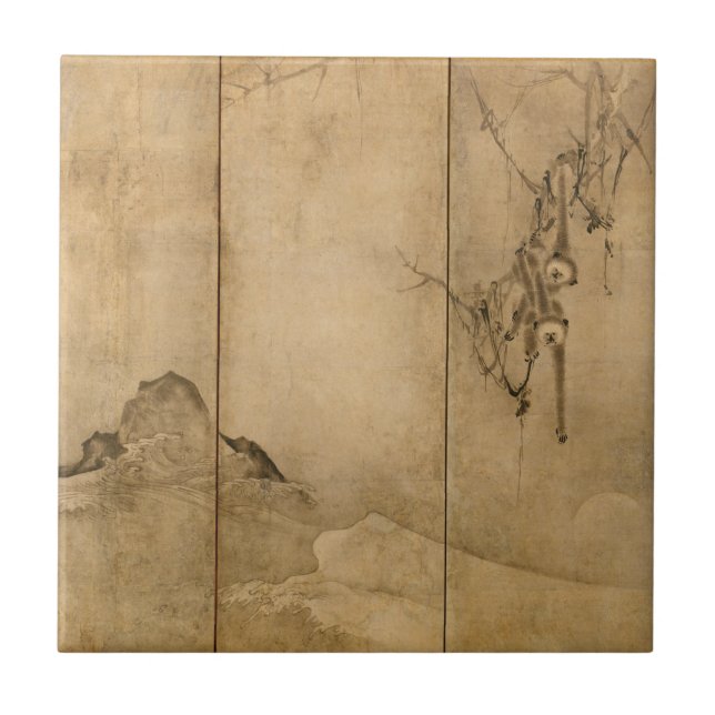 Japanische Tinte auf Papier Gibbons Primate & Land Fliese (Vorderseite)