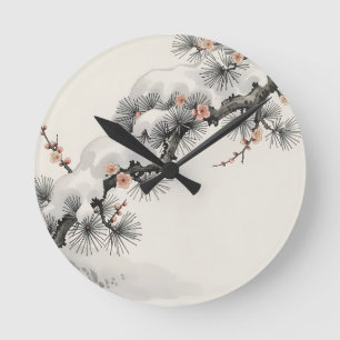 Japanische Tinte Kiefern-Pfirsichblüten-Winter Runde Wanduhr