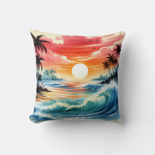 Japanische Tuschestil-Kunst Ozeanwellen Sonnenunte Kissen