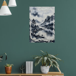 Japanische Tuschwasch-Berglandschaft Sumi-e Fein A Poster