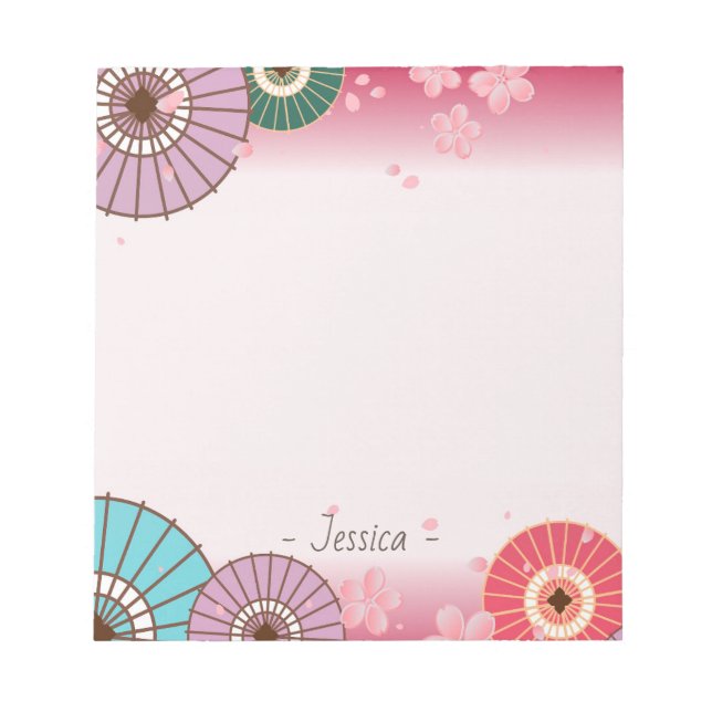 Japanische Umbrellas und Kirschblossom Personalisi Notizblock (Vorderseite)