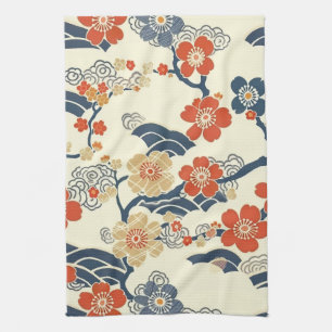 Japanische Ume-Pflirsichblüten Navy-Welle Creme Geschirrtuch