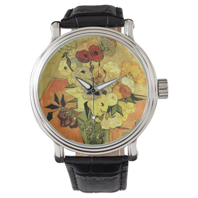 Japanische Vase, Rose, Anemonen von Vincent van Go Armbanduhr (Vorderseite)