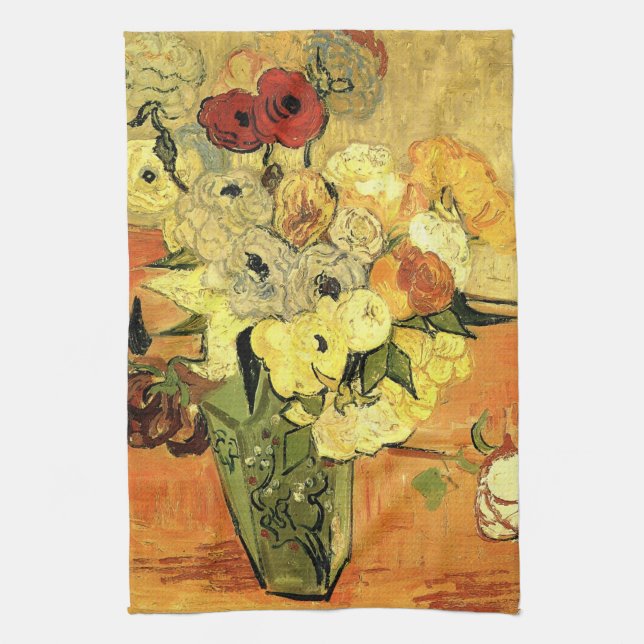 Japanische Vase, Rose, Anemonen von Vincent van Go Geschirrtuch (Vertikal)