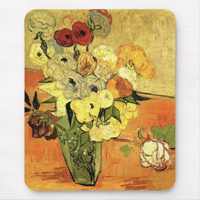 Japanische Vase, Rose, Anemonen von Vincent van Go Mousepad (Vorne)