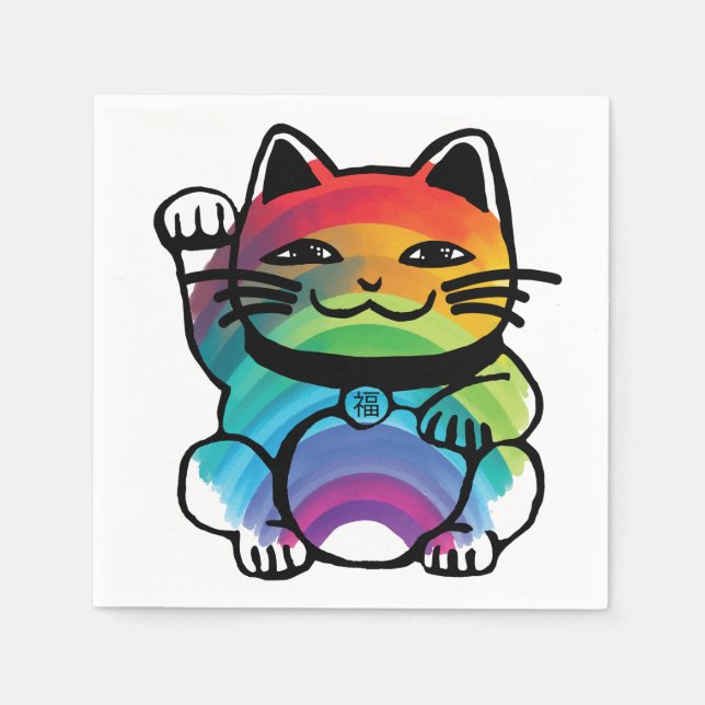 Japanische Viel Glück-Katze mit Regenbogen Serviette (Vorderseite)