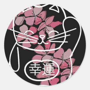 Japanische Viel Glück-Katze mit rosa Sakura-Blume Runder Aufkleber