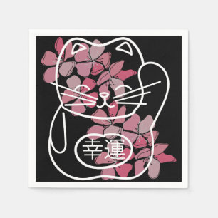 Japanische Viel Glück-Katze mit rosa Sakura-Blume Serviette