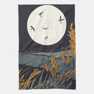 Japanische Vintage-Landschaft bei Nacht Geschirrtuch