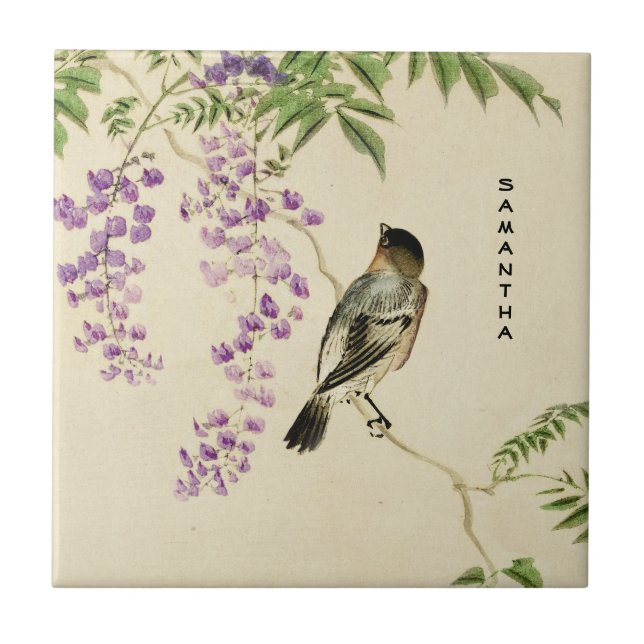 Japanische Vintage Lilac Sparrow Keramik Tile Fliese (Vorderseite)