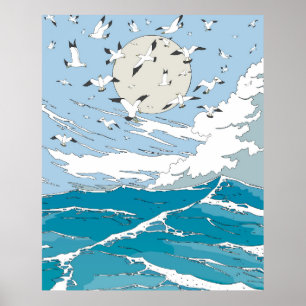 Japanische Vintage-Meereslandschaft Poster