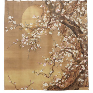 Japanische Vintage Pflaumenblüten im Mondlicht Duschvorhang