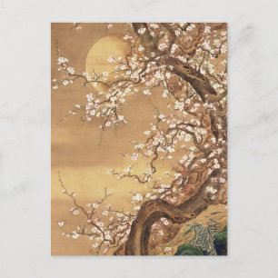 Japanische Vintage Pflaumenblüten im Mondlicht Postkarte