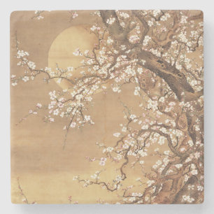 Japanische Vintage Pflaumenblüten im Mondlicht Steinuntersetzer