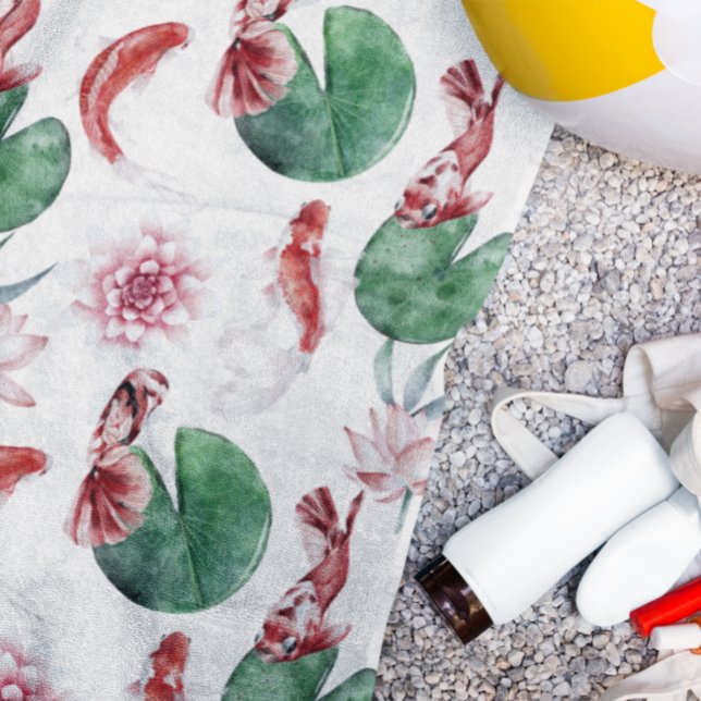 Japanische Wasserfarbe Kunst Koi Fisch Lotus Lily  Strandtuch (Von Creator hochgeladen)