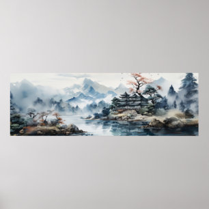 Japanische Wasserfarbe Landschaft Berg See Poster