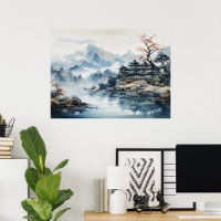 Japanische Wasserfarbe Landschaft Berg See