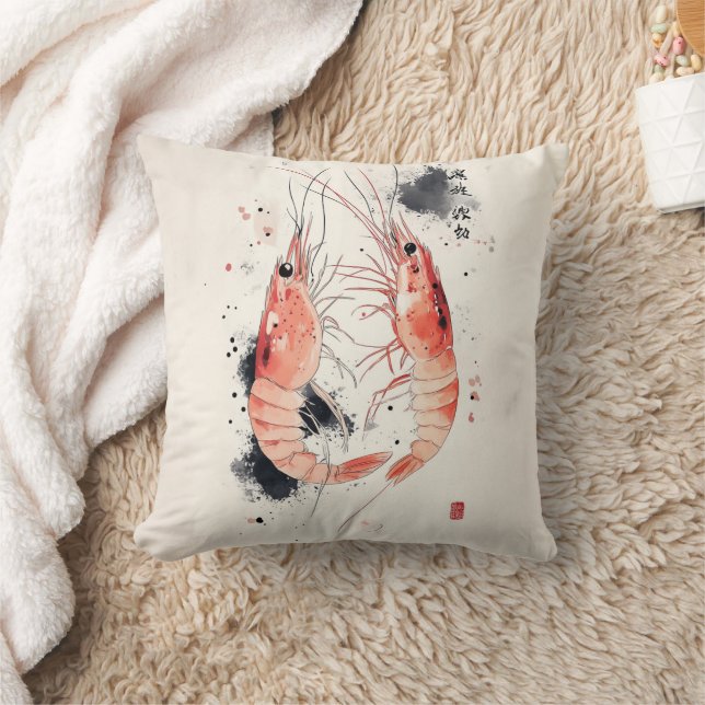 Japanische Wasserfarben-Garnelen Kunst mit Kalligr Kissen (Decke)