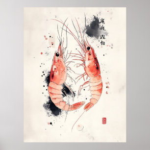 Japanische Wasserfarben-Garnelen Kunst mit Kalligr Poster