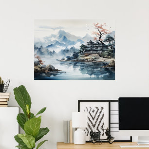 Japanische Wasserfarbenlandschaft Bergsee Poster