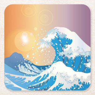 Japanische Wave Art Sunset Ocean Rechteckiger Pappuntersetzer