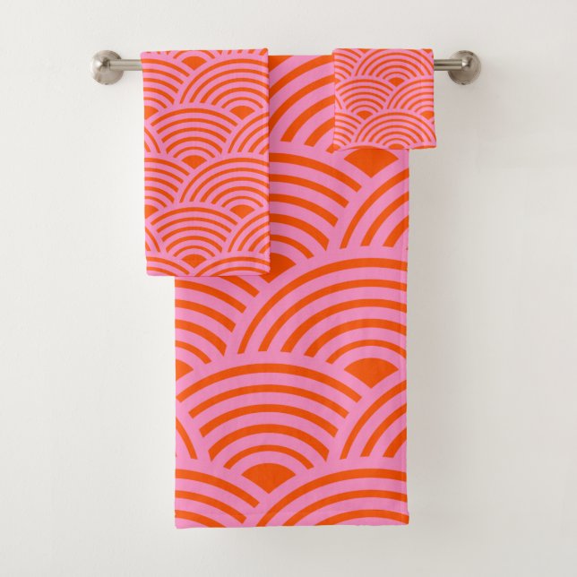 Japanische Wave Seigaiha Muster Preppy Orange Pink Badhandtuch Set (Insitu)