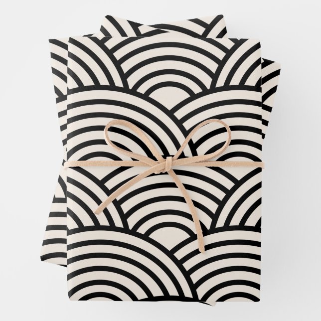 japanische Wave Seigaiha Schwarz und Creme Weiß Geschenkpapier Set (Beispiel)