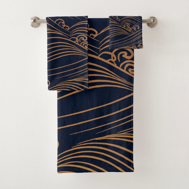 Japanische Waves Muster Navy Blue und Gold Brown Badhandtuch Set (Insitu)
