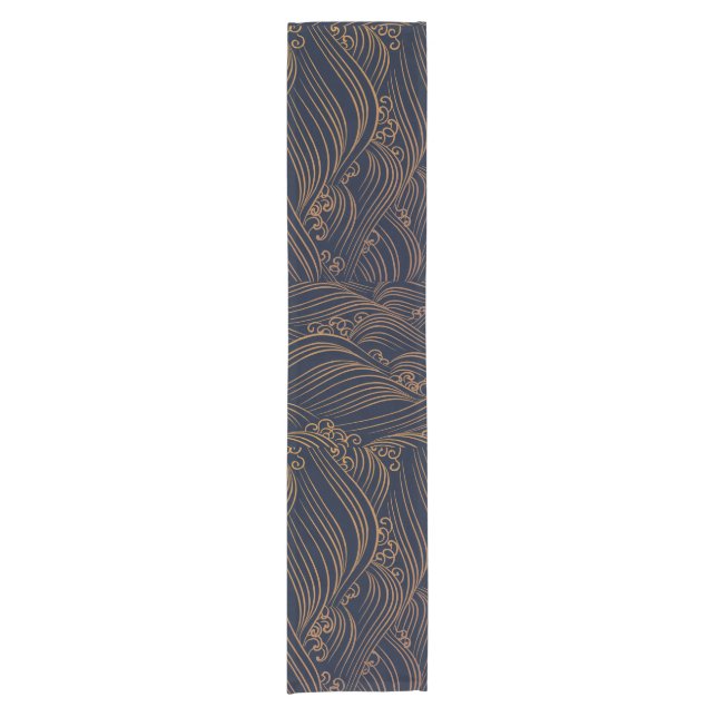 Japanische Waves Muster Navy Blue und Gold Brown Kurzer Tischläufer (Vorderseite)