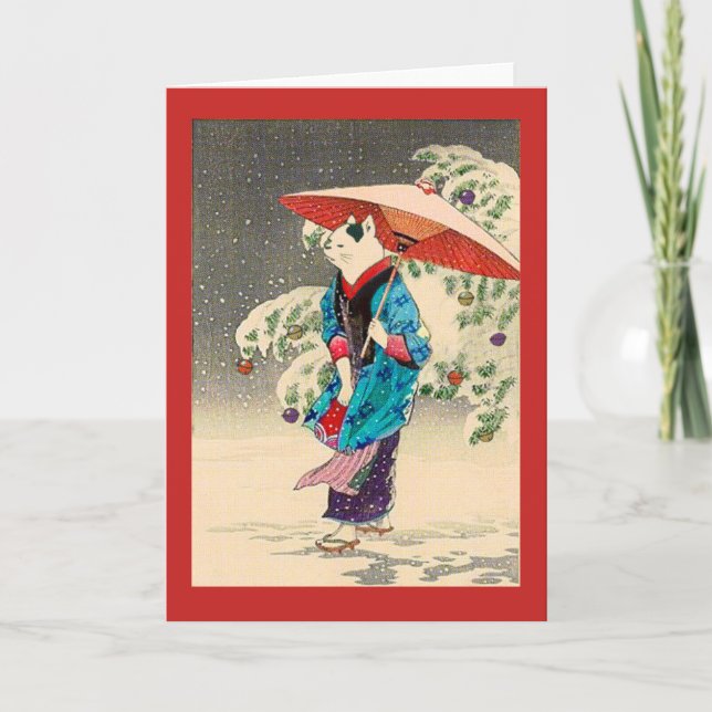 Japanische Weihnachtskatzenjause & Urlaub Feiertagskarte (Vorderseite)