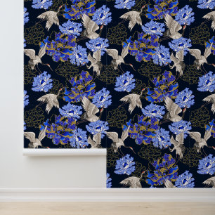 Japanische weiße Kraniche Blau Gold Chrysantheme Tapete