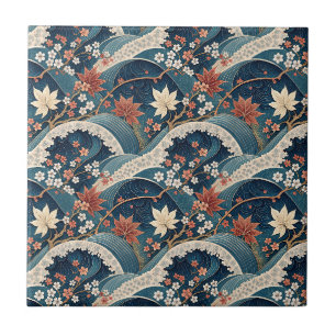 Japanische Welle & Kirschblüten-Blumenmuster-Kunst Fliese