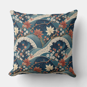 Japanische Welle & Kirschblüten-Blumenmuster-Kunst Kissen