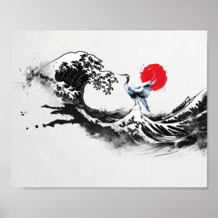 Japanische Welle, Reiher, minimalistische Malerei Poster