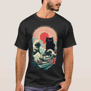 Japanische Wellenkunst Schwarze Katze Retro Sonne T-Shirt