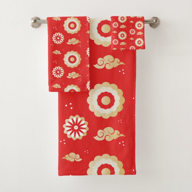 Japanische Wind Wolken Red Pattern Badhandtuch Set (Insitu)