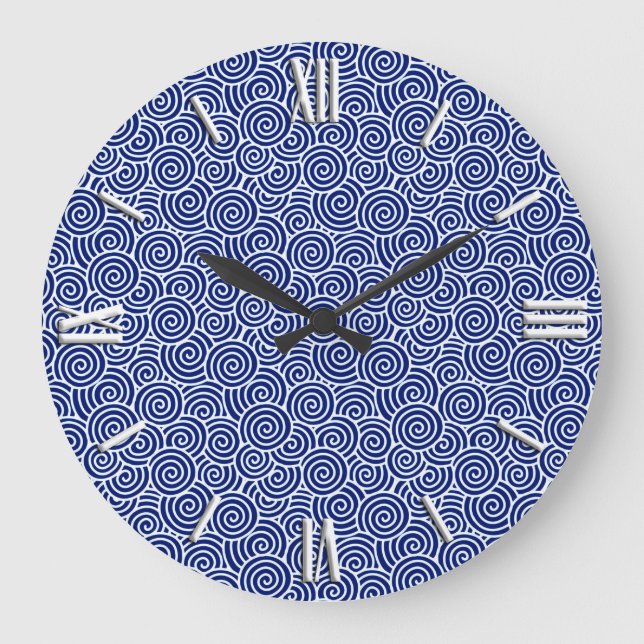 Japanische wirbellose Muster - marineblau und weiß Große Wanduhr (Vorderseite)