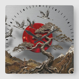 Japanische Zen-Bonsai- und Rote-Sonne-Acrylwanduhr Quadratische Wanduhr