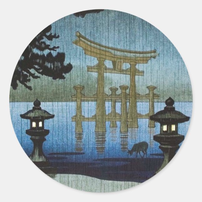 Japanischer Abend Rain Woodblock Art Ukiyo-e Runder Aufkleber (Vorderseite)