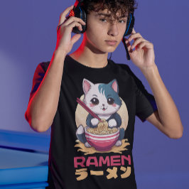 Japanischer Anime Cat Eating Ramen Noodles T-Shirt