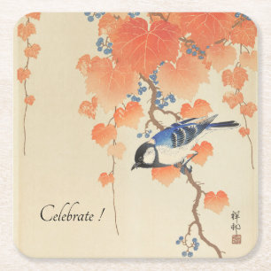 Japanischer Aquarell-Vintage-Druck mit Vogel  Rechteckiger Pappuntersetzer